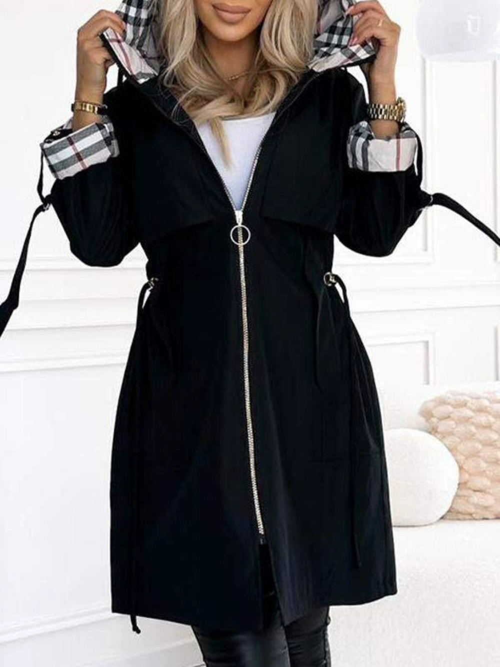 ZARA Winter Casual Zip Cinched Waist Plaid Hooded Trench Coat